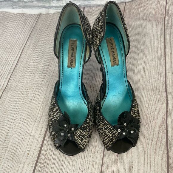 Steven madden black and white tweed open toe high heels sz 7.5 - Picture 8 of 11